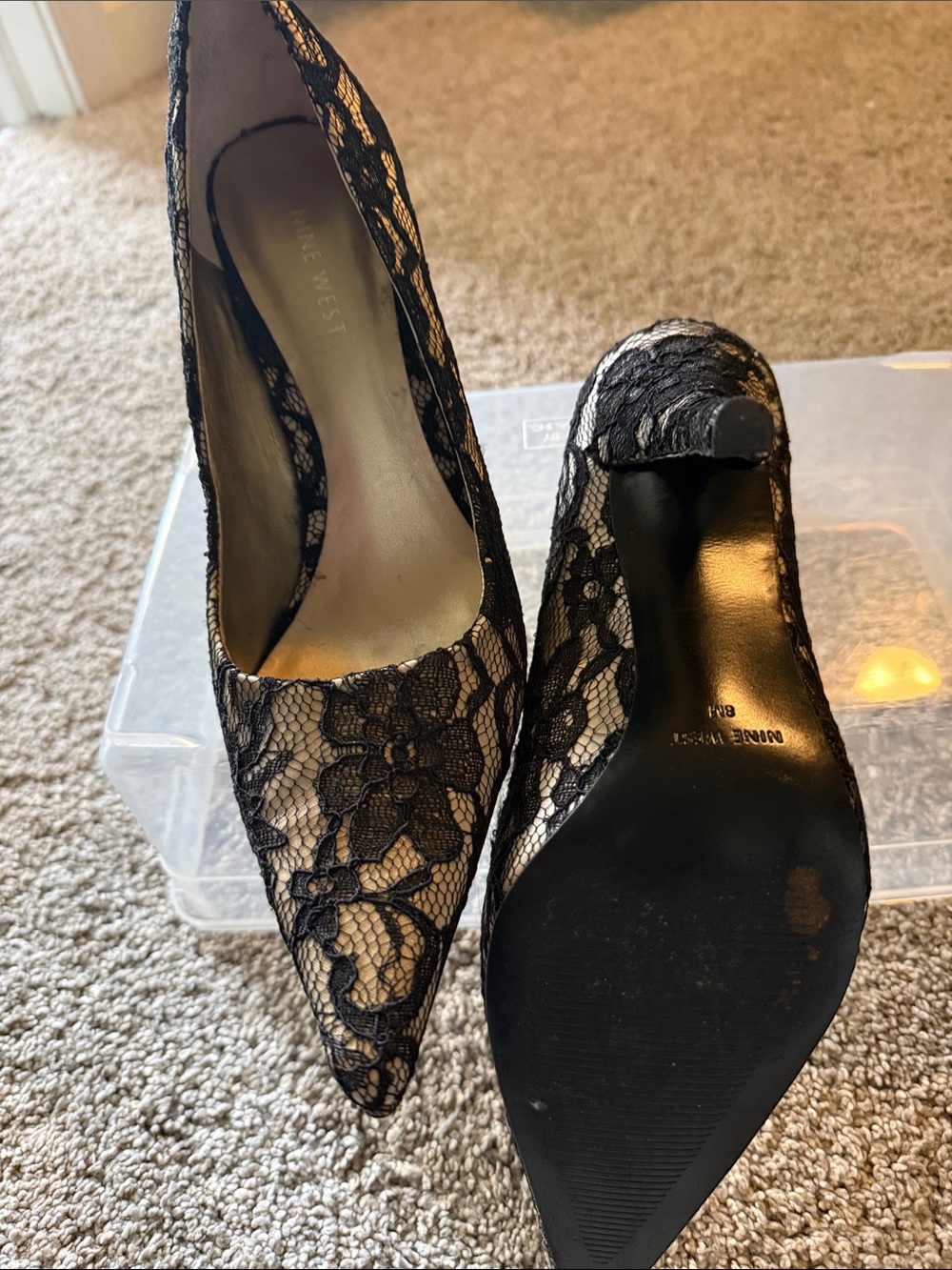Nine West Black Lace Over Nude Pointed-Toe Heels